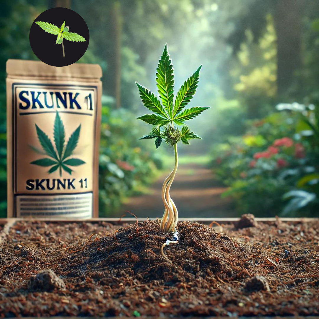 – Skunk #1 - Cannabis Sämling -Noch jung, aber schon intensiv